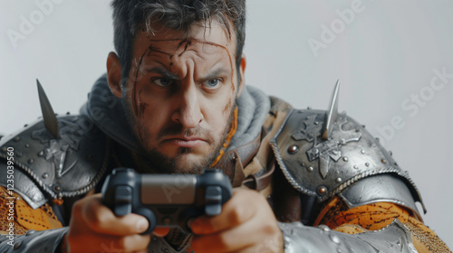 Intense male gamer in medieval knight armor intensely focused on playing a video game, holding a controller with a determined expression. photo