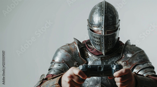 Medieval knight in shining armor holding a controller, posing against a neutral gray background, showcasing historical battle readiness. photo