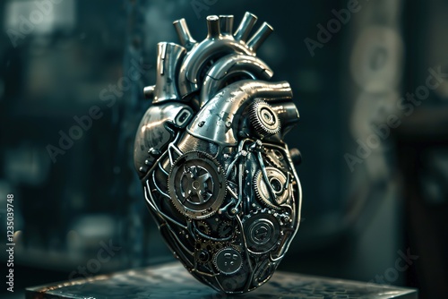 Intricate mechanical heart sculpture with steampunk gears and metallic components photo