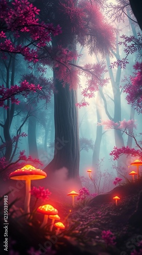 alien magical enchanted forest with luminous mushroom