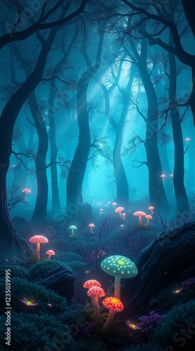 colorful luminous mushrooms magical forest background