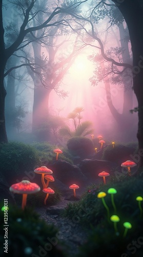 colorful luminous mushrooms magical forest background