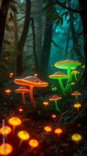 magic forest with luminous mushrooms and strange creatures