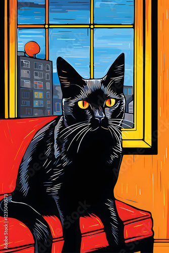 illustration of a cat on a windowsil photo