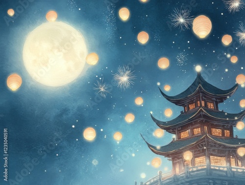 Lanterns and Full Moon Over Illuminated Pagoda

