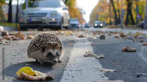 A lone hedgehog crosses a wet road strewn with autumn leaves at sunset, with the golden light casting long shadows, while cars are blurred in the background. photo