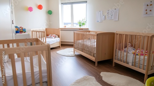 Bright and Spacious Nursery with Wooden Cribs and Cheery Decorations : Generative AI