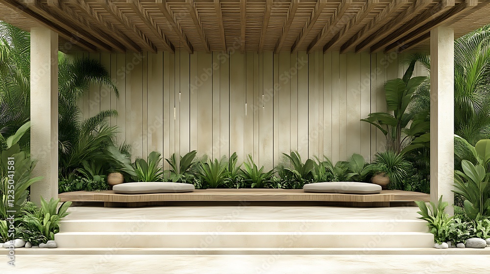 Serene Outdoor Patio With Wooden Bench And Lush Greenery Serene Outdoor Patio With Wooden Bench And Lush Greenery