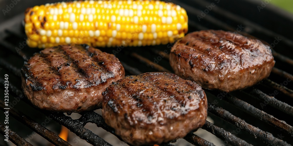 Three hamburgers are on a grill with corn on the cob. The hamburgers are brown and the corn is yellow and white Three hamburgers are on a grill with corn on the cob. The hamburgers are brown and the corn is yellow and white