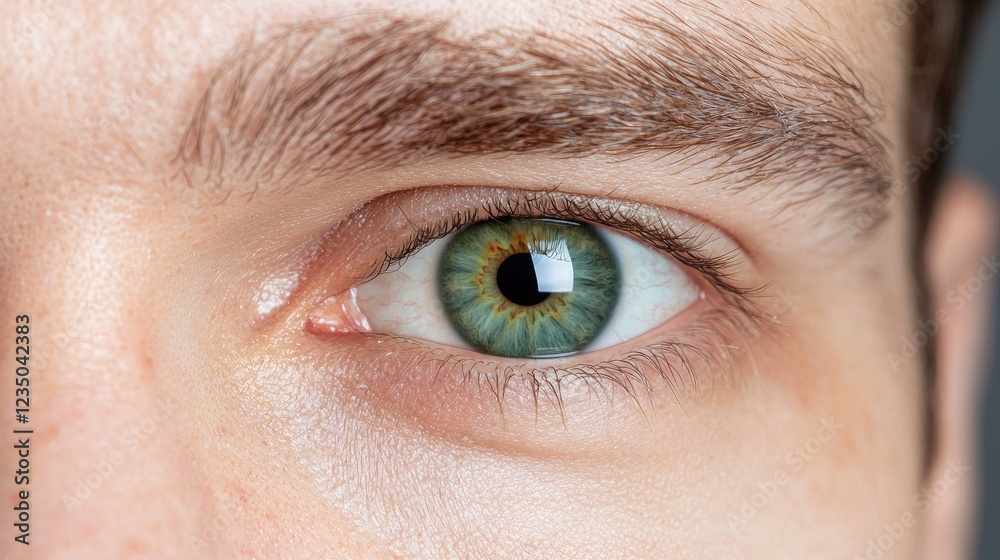 Obraz premium Close-up of a man's green eye, grey background, intense gaze, medical or advertising use