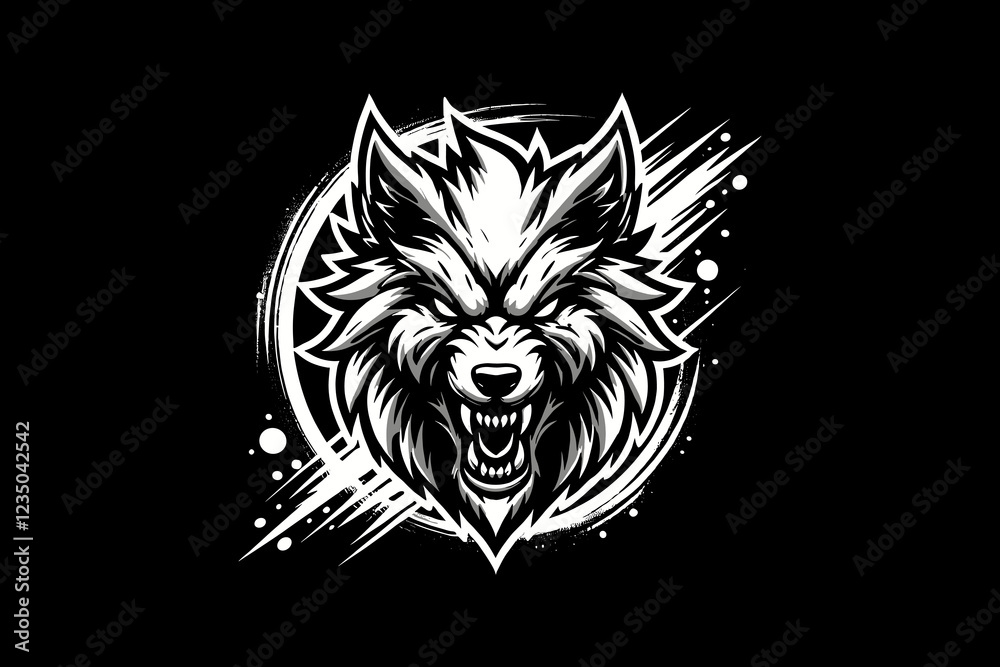 Obraz premium angry wolf head Black And White silhouette Design On Black Background