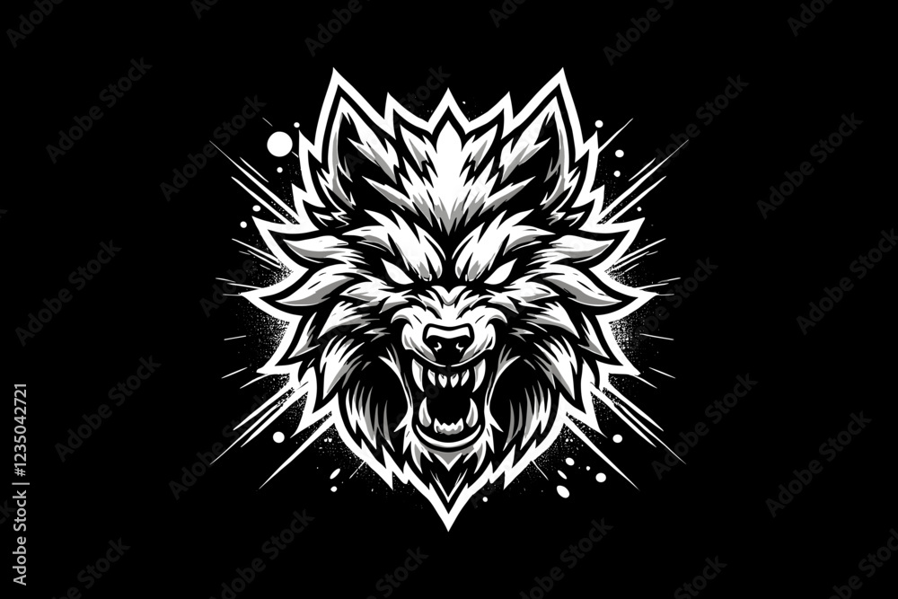 Obraz premium angry wolf head Black And White silhouette Design On Black Background