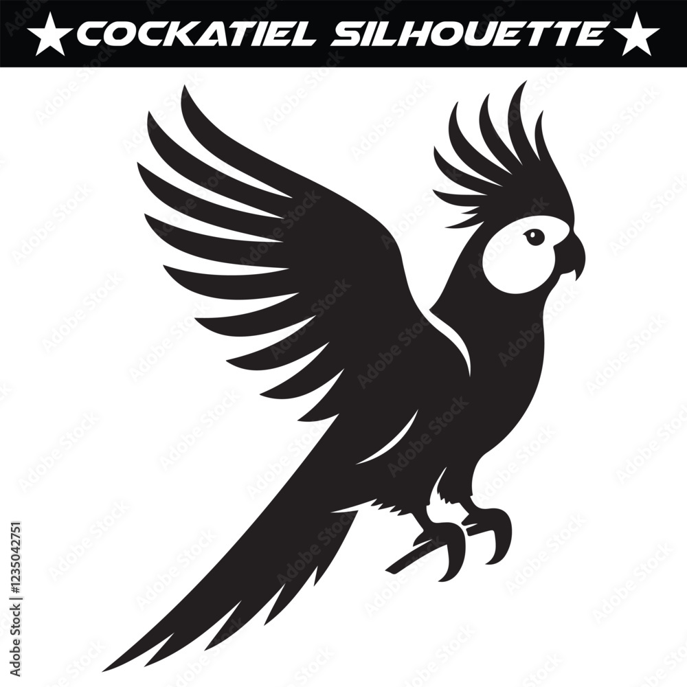 Fototapeta premium Black and white cockatiel silhouette vector illustration.