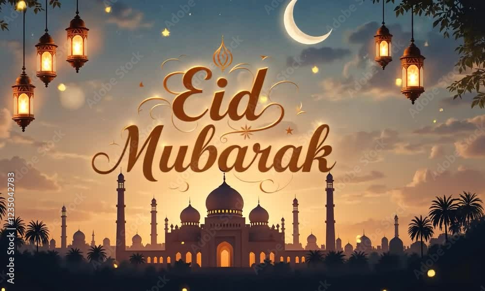 Eid Mubarak Text Effect Islamic Design, Hanging Ramadan Candle Lanterns And Mosque. 4k videos