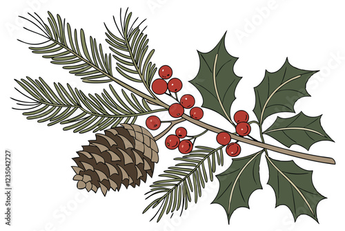  Christmas decoration, pine branches, pinecones, red berries, holly, festive arrangement, white background, botanical illustration, photorealistic, high detail, macro photography, soft lighting, holid