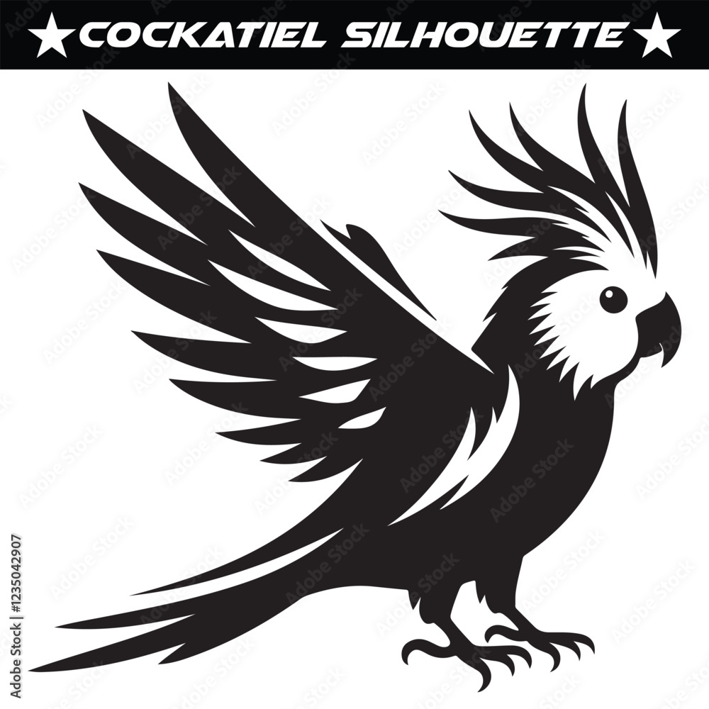 Obraz premium Black and white cockatiel silhouette vector illustration.