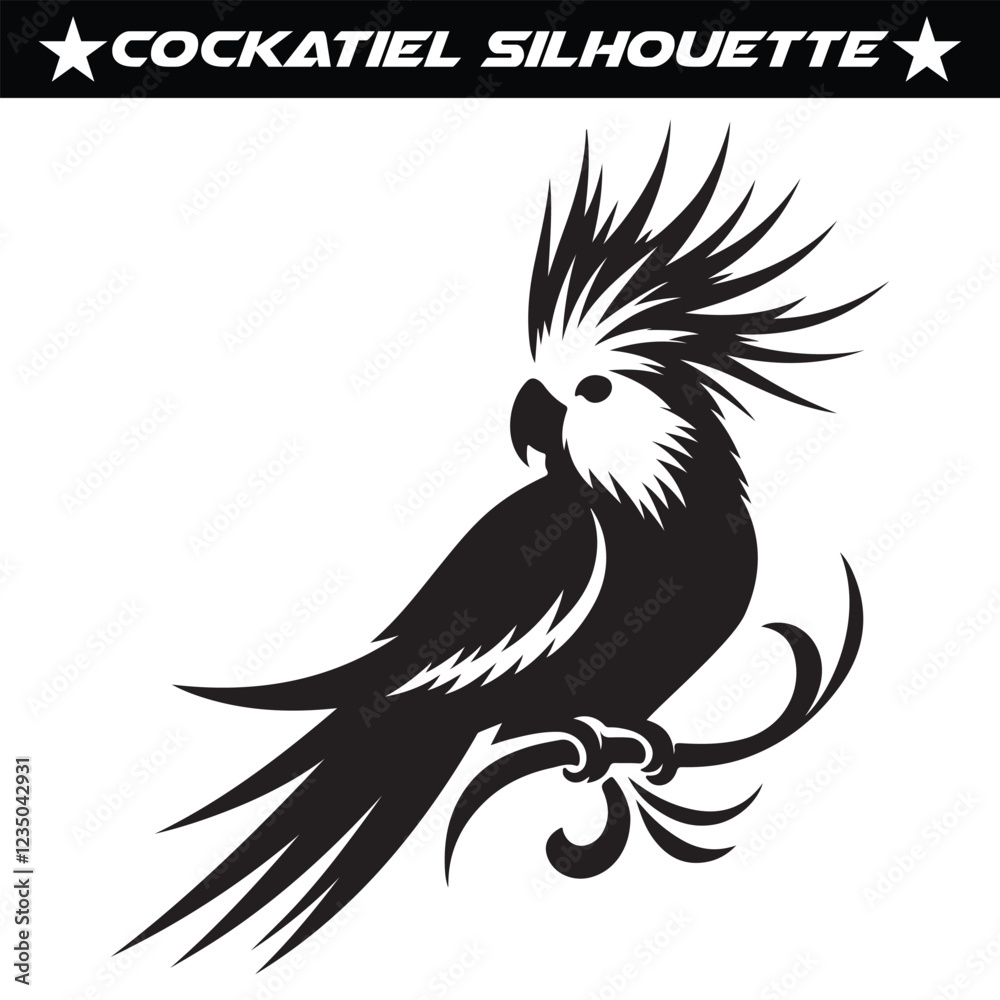 Fototapeta premium Black and white cockatiel silhouette vector illustration.