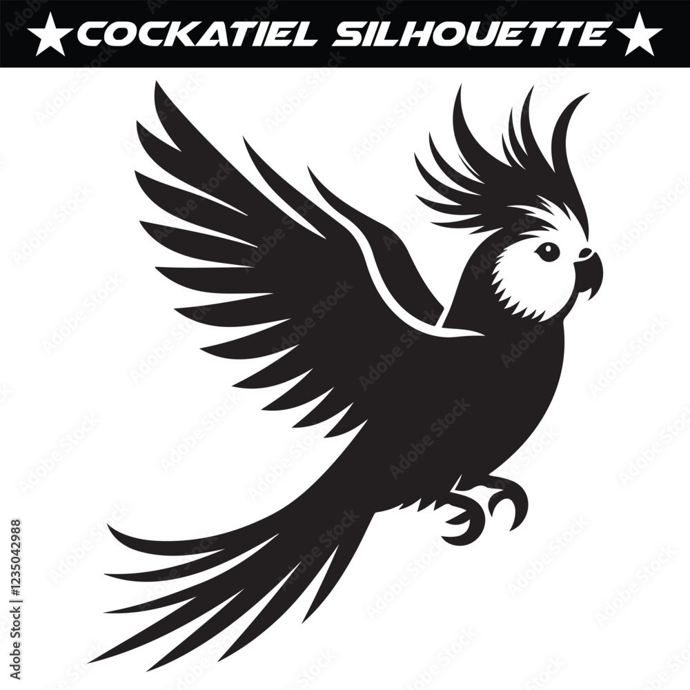 Obraz premium Black and white cockatiel silhouette vector illustration.