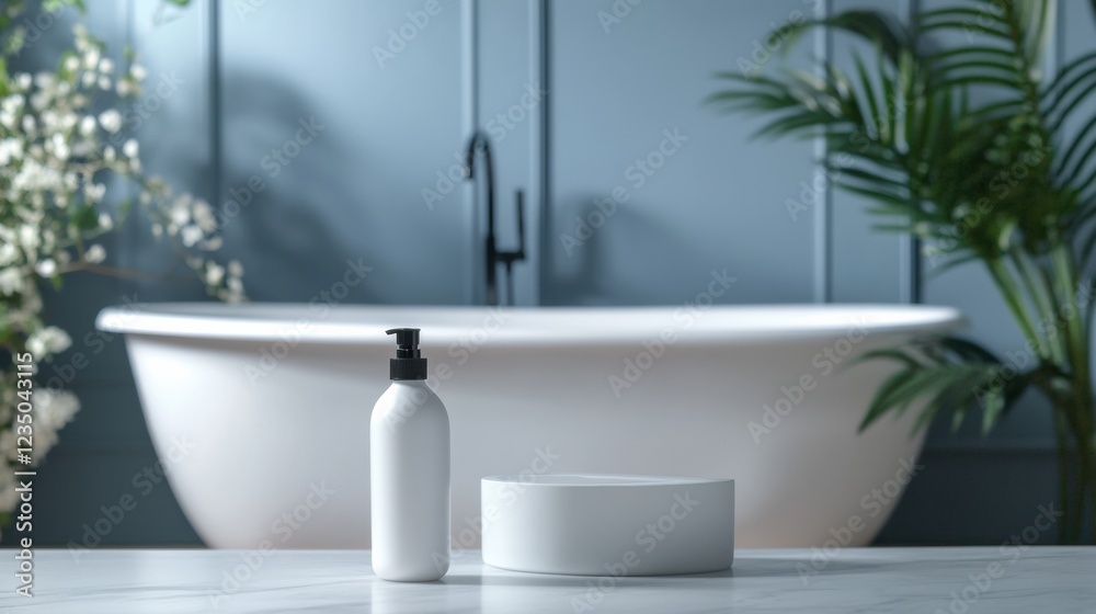 Fototapeta premium Elegant bathroom setting with minimalist design showcasing a bath, clean lines, and natural elements. Generative AI