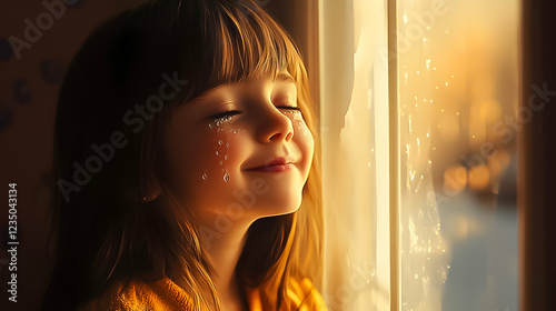 Young girl with tears smiles while looking out a sunlit window during golden hour