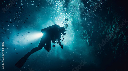 Wallpaper Mural A deep sea diver using a flashlight in dark waters.  Scuba diving, Underwater, stock image, hd quality, natural look, Torontodigital.ca