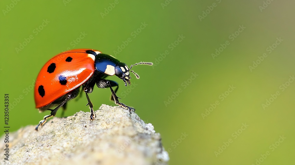 Fototapeta premium Ladybug Poised on a Rock with Vibrant Red Shell and Black Spots Against Green Background : Generative AI