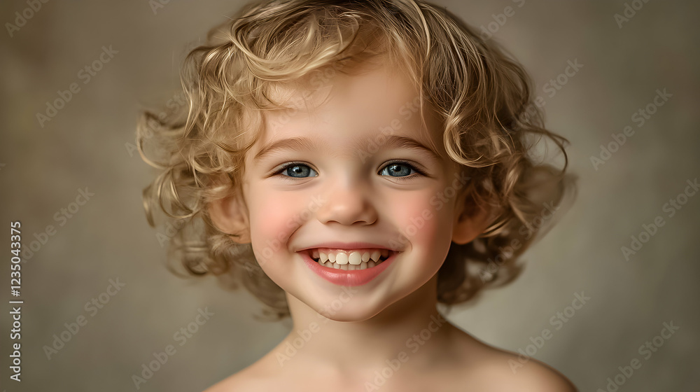 Smiling child with curly hair sitting against a soft background at home during daylight hours Smiling child with curly hair sitting against a soft background at home during daylight hours