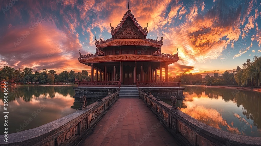 Obraz premium Majestic Thai Pavilion Sunset Reflection Beauty