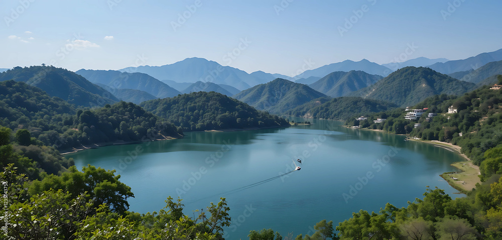 A serene view of Mount Abu, Rajasthan's only hill station. The landscape features rolling hills covered in lush forests, with Nakki Lake at the heart of the scene. The clear waters of the lake. A serene view of Mount Abu, Rajasthan's only hill station. The landscape features rolling hills covered in lush forests, with Nakki Lake at the heart of the scene. The clear waters of the lake.