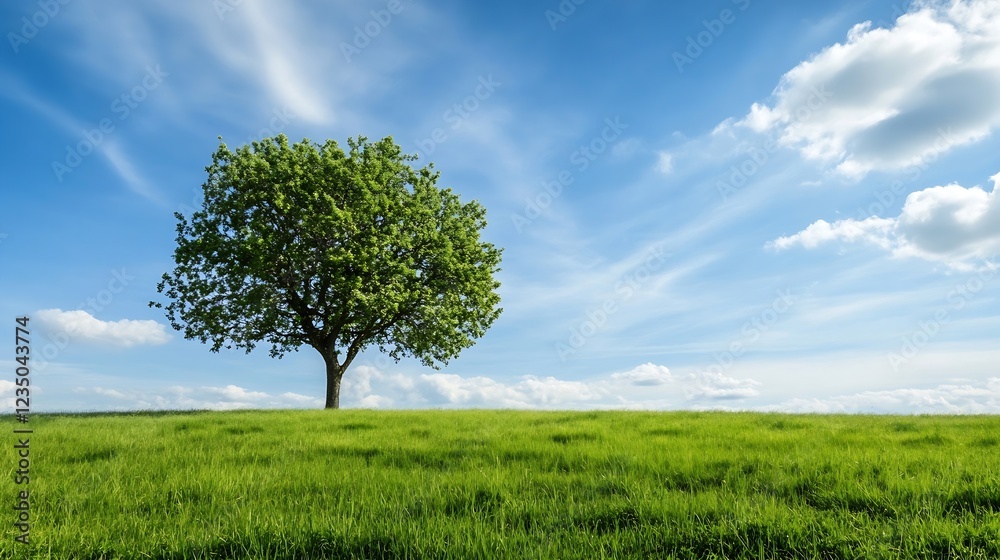 Obraz premium Lonely Tree Standing in a Vast Greenfield Under a Clear Blue Sky : Generative AI