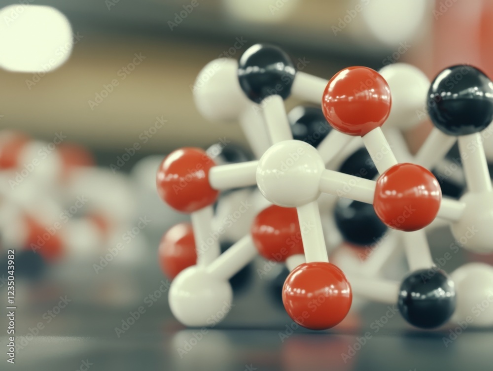 Naklejka premium A 3D molecular model showcasing interconnected atoms with red, white, and black spheres, representing different elements. The background is softly blurred.