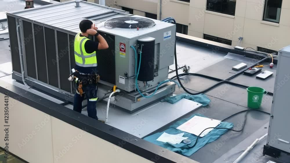 Rooftop HVAC technician conducts routine maintenance on air conditioning unit at a commercial facility. The work takes place during morning hours, ensuring optimal performance