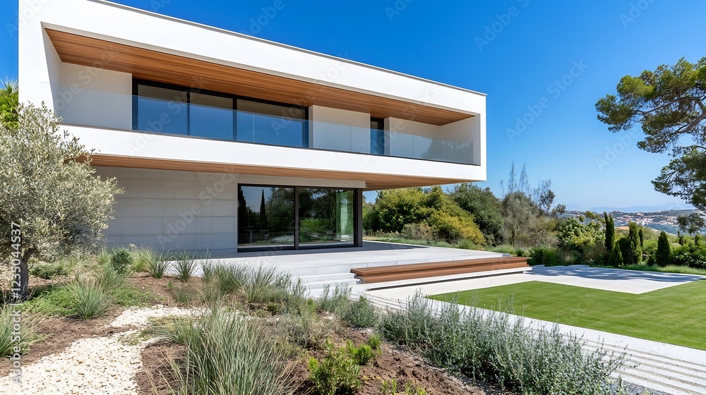 Modern minimalist architecture luxury villa with large windows and garden view : Generative AI Modern minimalist architecture luxury villa with large windows and garden view : Generative AI