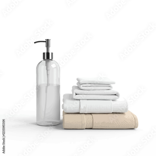 Set of hotel accessories for bathing and washing. Dispenser bottle, face and hand towels, large white towel, bathrobe. 3D isolated vector elements, mockup