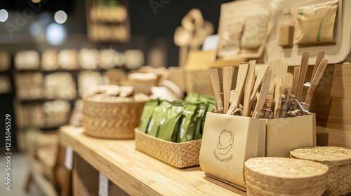 A wooden display case with various items including bamboo utensils