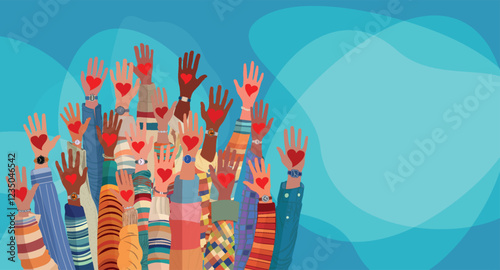 Banner whit raised hands of multicultural volunteer people holding a heart. Charity and solidarity donation. Community of volunteers. Voluntary concept. Aid. NGO. Volunteerism