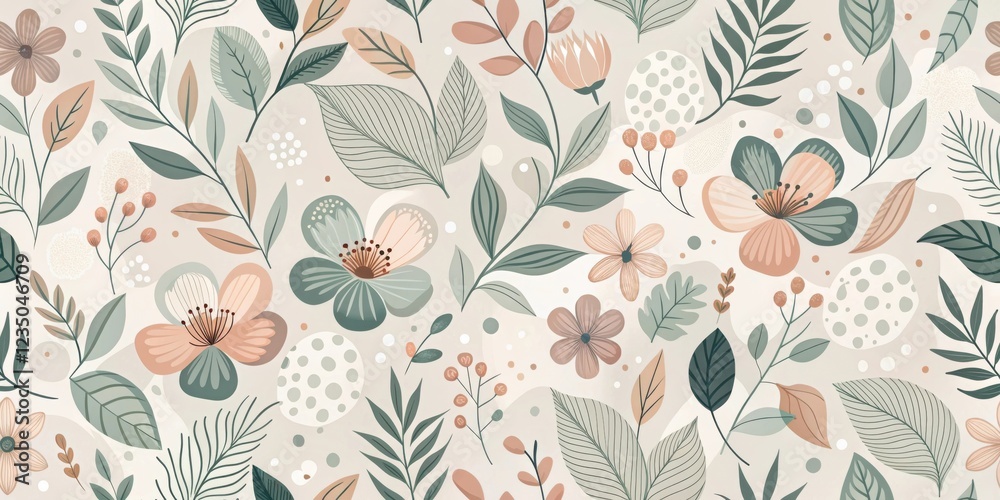 A Delicate Floral Pattern with Soft Hues and Organic Shapes, Featuring a Repeating Motif of Flowers, Leaves, and Abstract Elements