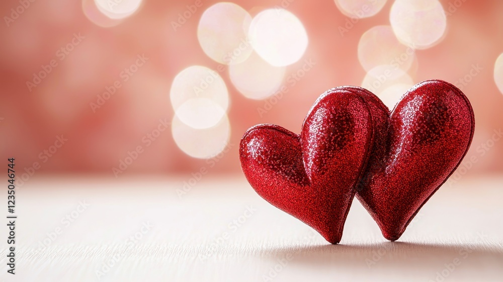 Fototapeta premium Glittering red hearts on a soft background of bokeh lights.