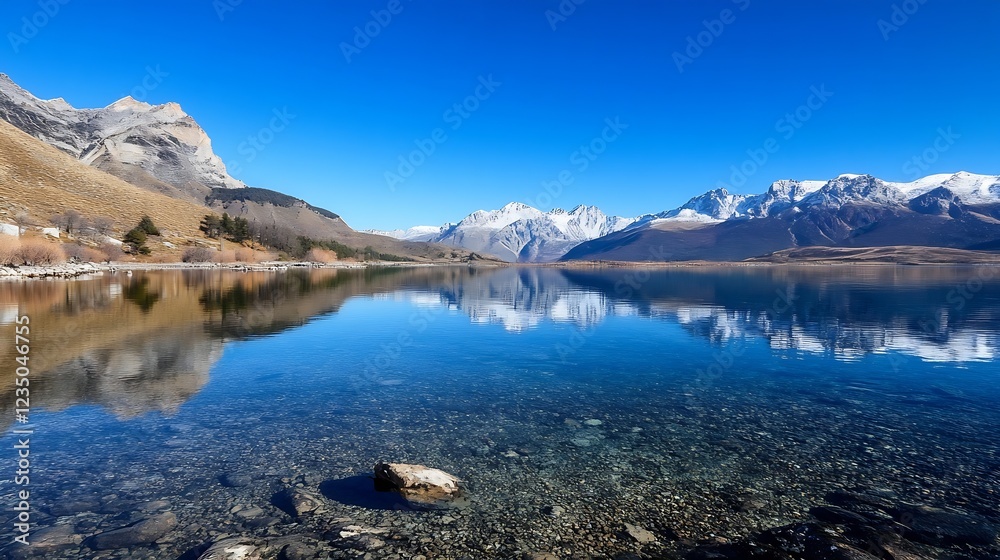 Crystal Clear Mountain Lake with Snowcapped Peaks and Expansive Blue Sky View : Generative AI Crystal Clear Mountain Lake with Snowcapped Peaks and Expansive Blue Sky View : Generative AI