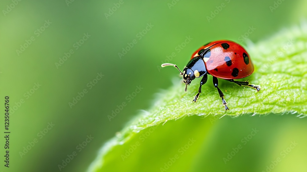 Ladybug Crawling on a Leaf Edge with Green Blurred Background : Generative AI Ladybug Crawling on a Leaf Edge with Green Blurred Background : Generative AI