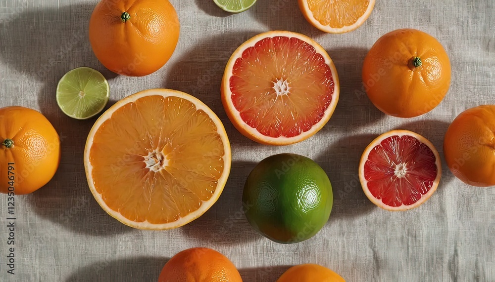 Vibrant Citrus Slices and Whole Fruits on Textured Background Vibrant Citrus Slices and Whole Fruits on Textured Background