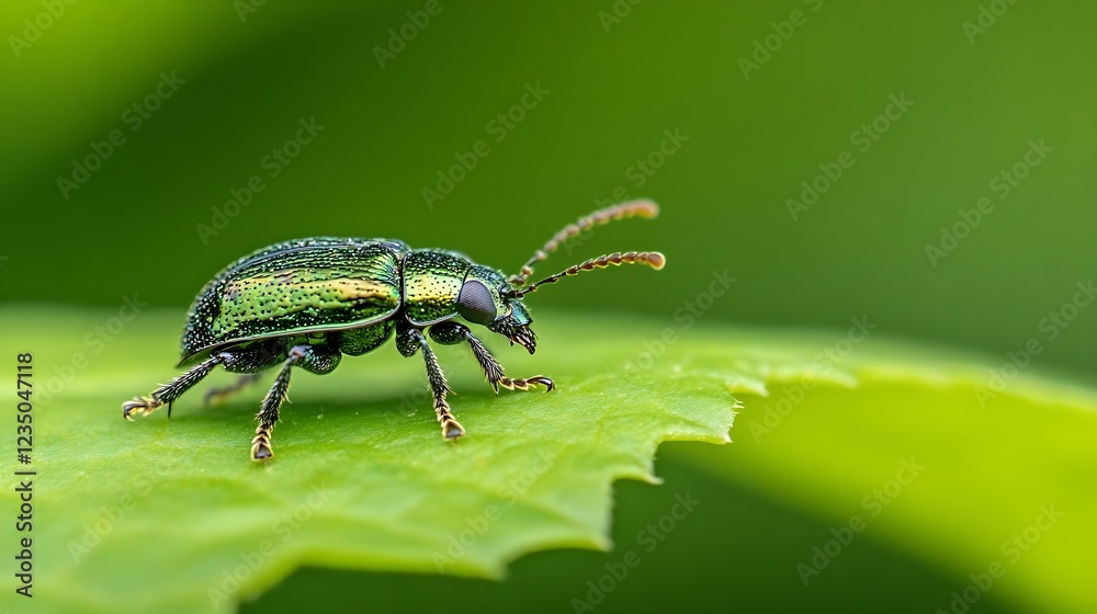 Green Beetle on Leaf with Shimmering Exoskeleton Captured in Nature : Generative AI Green Beetle on Leaf with Shimmering Exoskeleton Captured in Nature : Generative AI