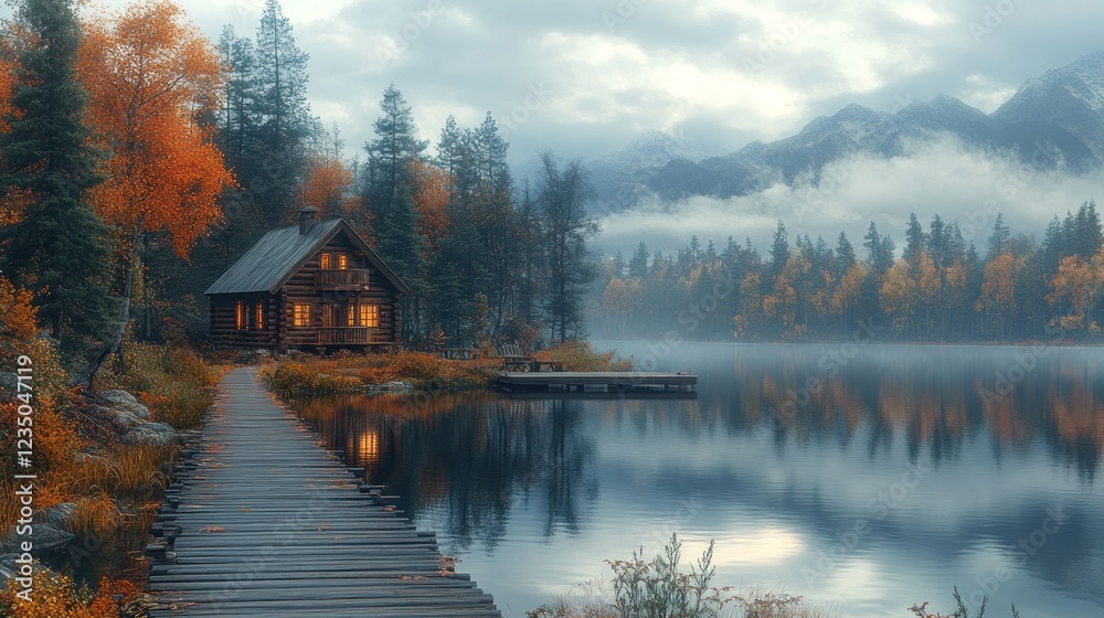 Fototapeta premium Autumn cabin lake, mountain mist, wooden path