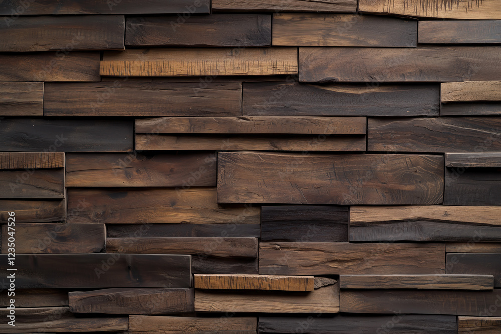 Rustic wooden wall with stacked dark brown planks in a textured arrangement Rustic wooden wall with stacked dark brown planks in a textured arrangement