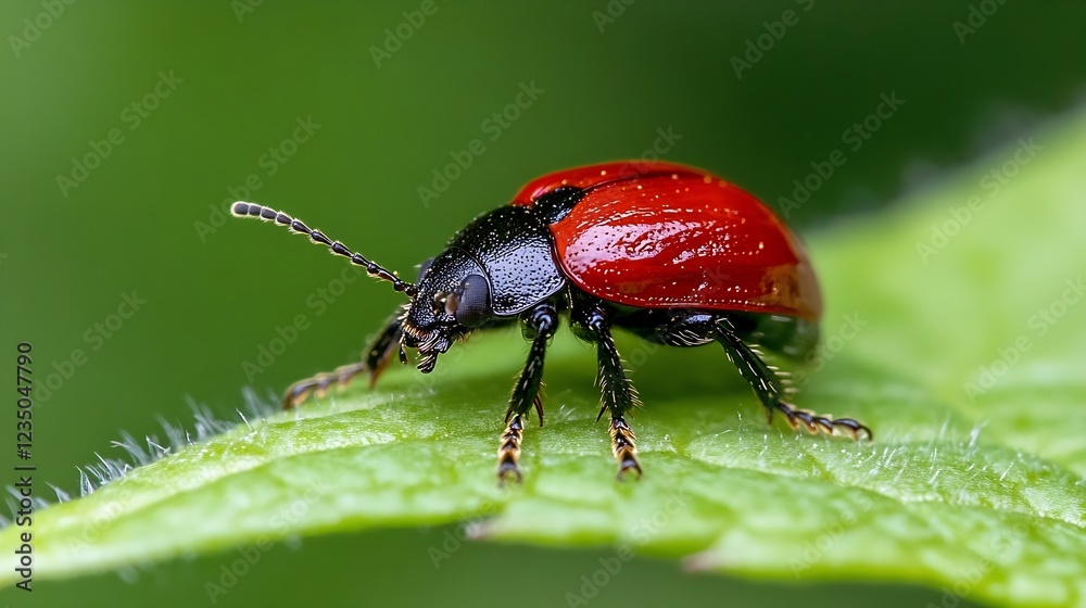 Macro Photography of Red Leaf Beetle on Green Leaf with Vibrant Detail and Soft Focus Background : Generative AI Macro Photography of Red Leaf Beetle on Green Leaf with Vibrant Detail and Soft Focus Background : Generative AI