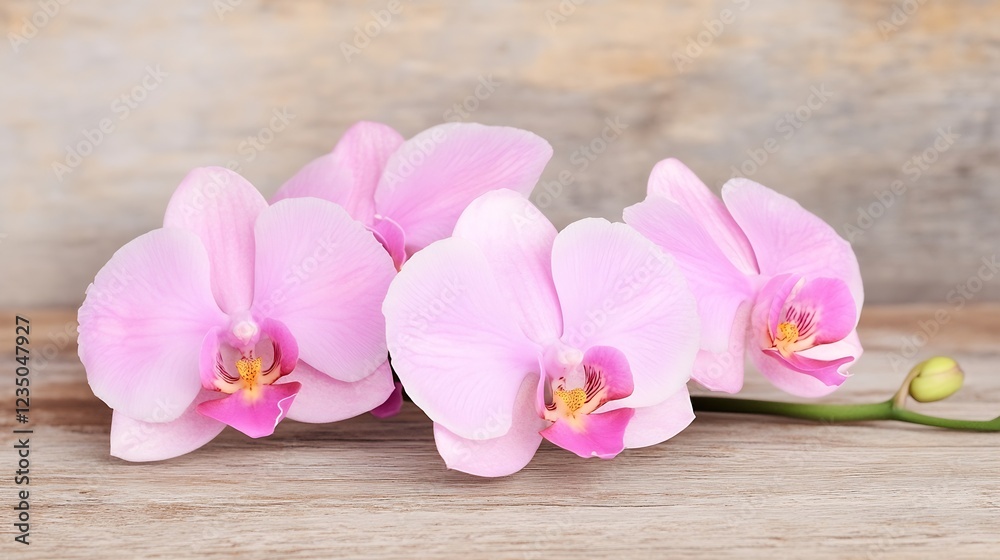 Delicate Pink Orchids Resting Elegantly on Wooden Surface : Generative AI Delicate Pink Orchids Resting Elegantly on Wooden Surface : Generative AI