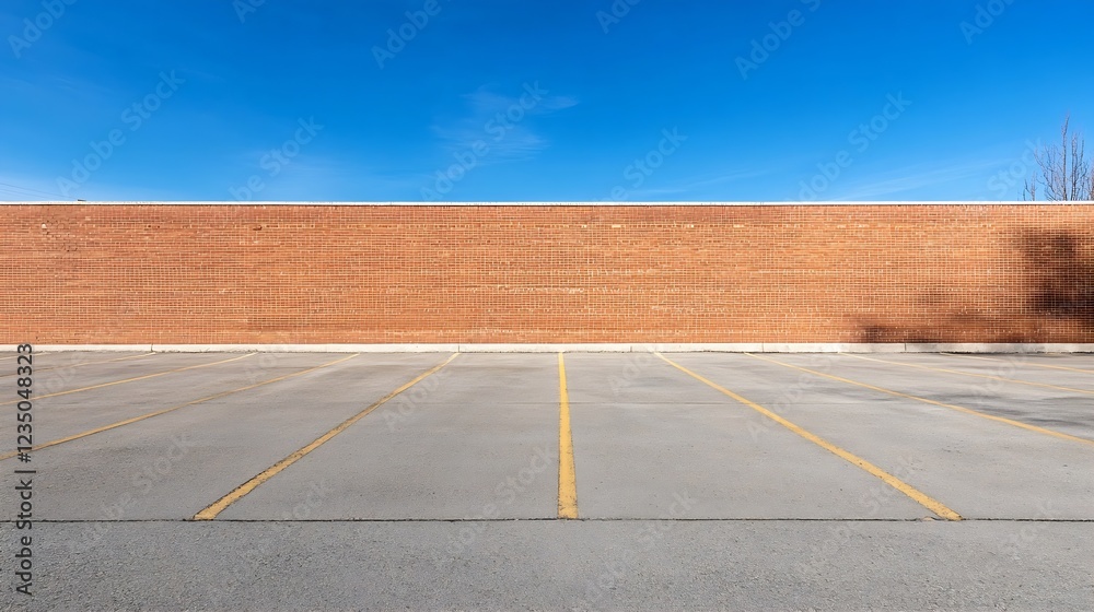 Obraz premium Expansive Cement Parking Lot Next To Long Red Brick Wall Under Clear Blue Sky : Generative AI