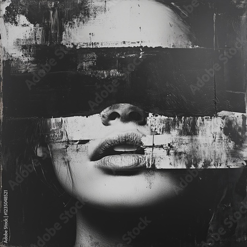 Monochrome portrait of a woman obscured by thick brushstrokes, creating a mysterious and artistic representation of the subject.