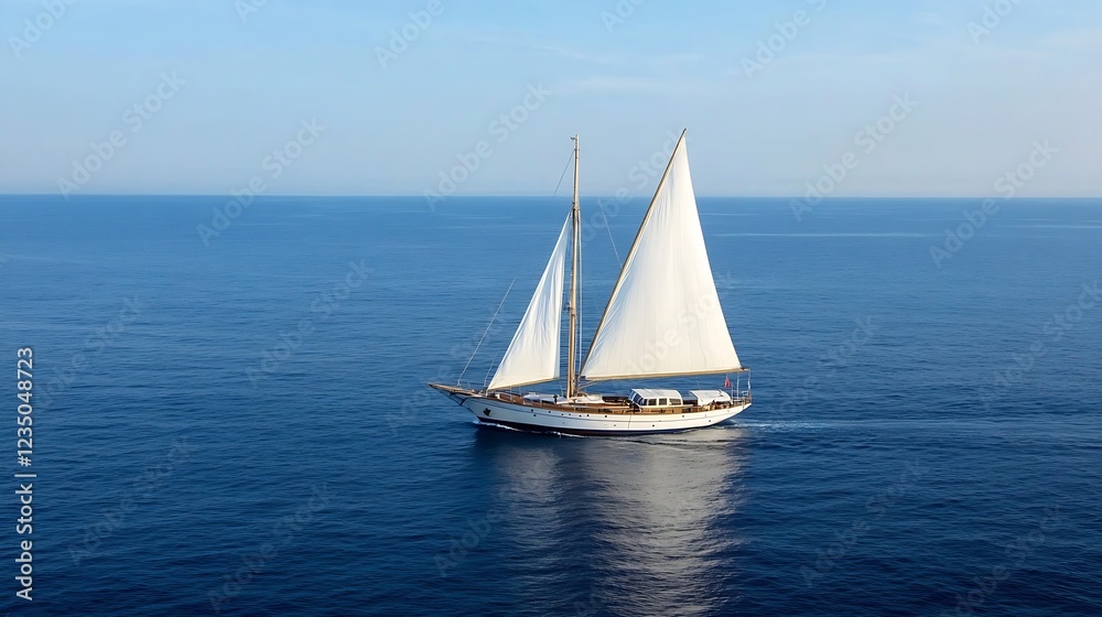 Fototapeta premium Majestic Sailboat Navigating Expansive Blue Ocean Under Clear Skies : Generative AI