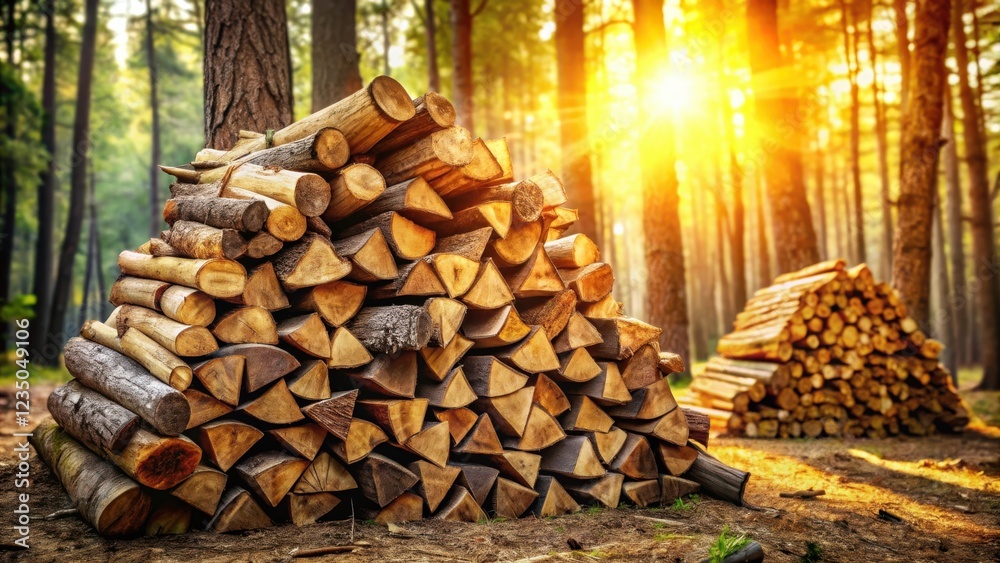 A neatly stacked pile of cut logs in a forest setting with the warm glow of the setting sun illuminating the scene A neatly stacked pile of cut logs in a forest setting with the warm glow of the setting sun illuminating the scene